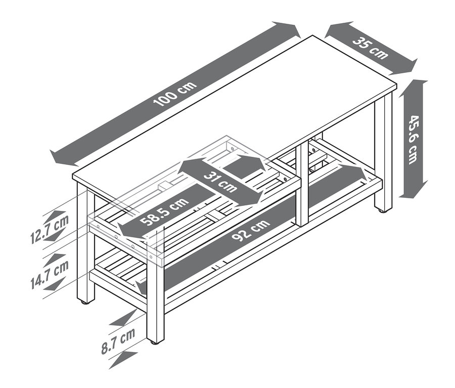 Abbildung einer Schuhbank mit offenem Schuhfach, Massivholz und einer offenen Sitzbank mit Schuhfach, aus FSC®-zertifiziertem Holz, mit Maßangaben.