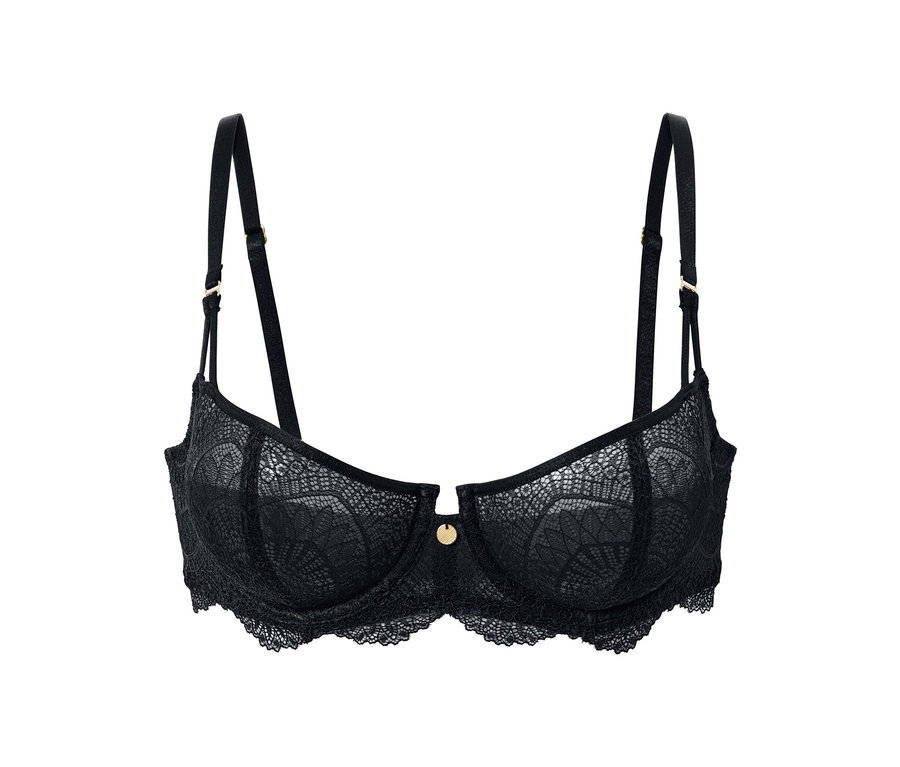 Schwarzer Balconette-BH mit Spitze.