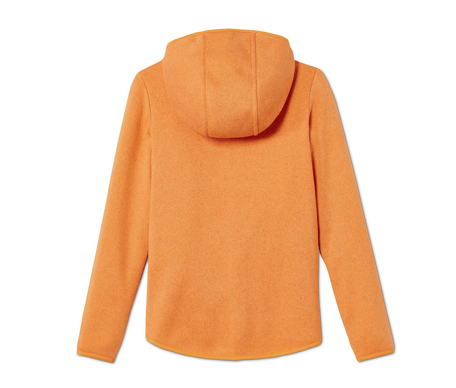 Detailansicht der Rückseite einer gelb melierten Strickfleece-Jacke.