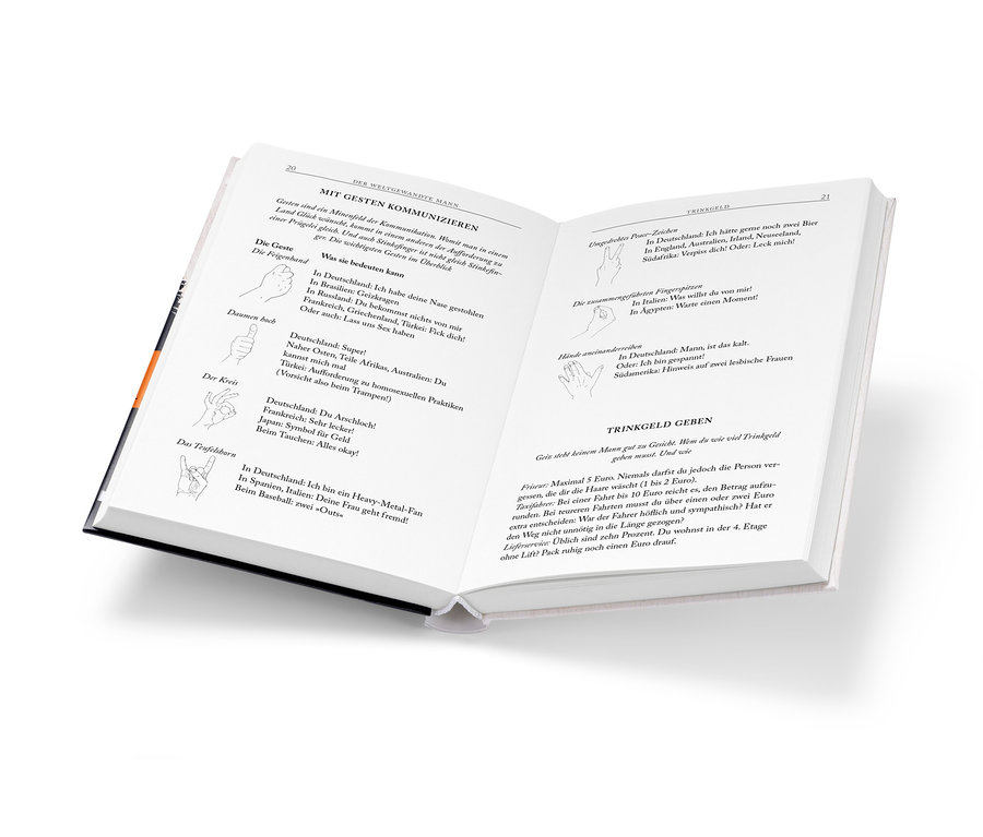 Offenes Buch »Alles, was ein Mann können muss« zeigt Seiten über Gesten und Kommunikation.