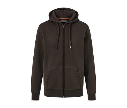 Braune Kapuzenjacke mit Reißverschluss und Taschen.