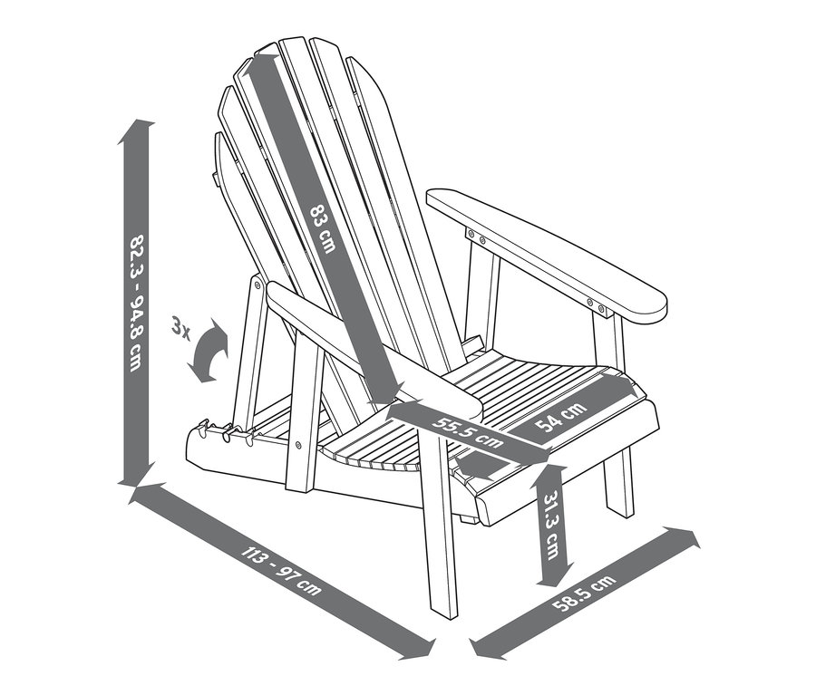 Schwarzer und naturfarbener Adirondack Gartensessel mit ausziehbarem Fußteil mit Abmessungen.