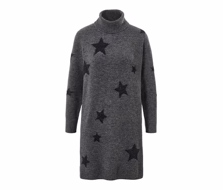 Graues Strickkleid mit Rollkragen und Sternmuster.