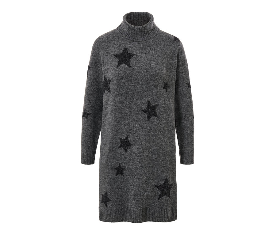 Graues Strickkleid mit Rollkragen und Sternmuster.