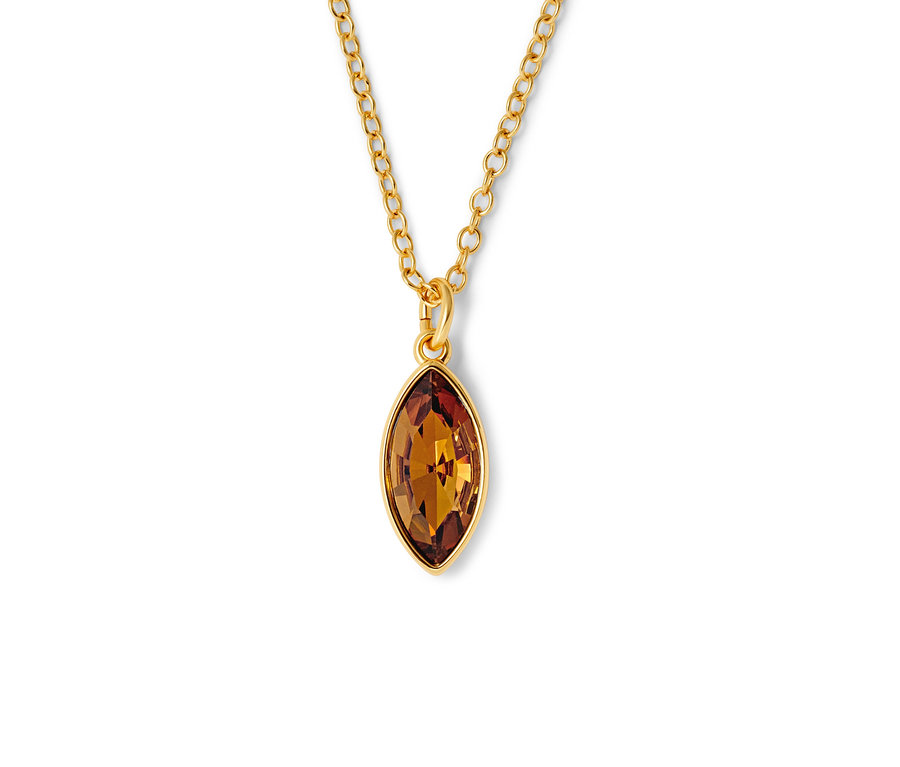 Goldene Kette mit einem braunen Navette-Kristall.