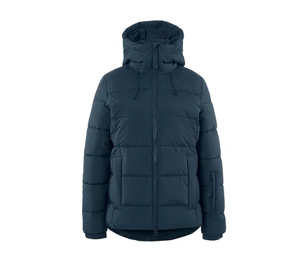 Dunkelblaue Ski-Steppjacke mit Kapuze.
