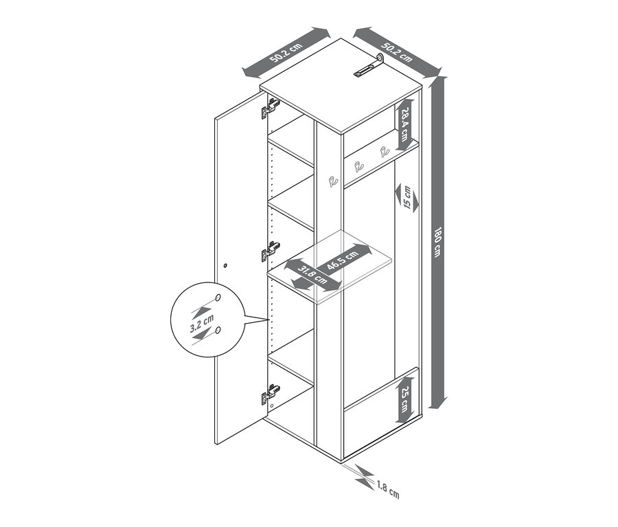 Geöffneter Universalschrank mit seitlichem Stauraum und Abmessungen.