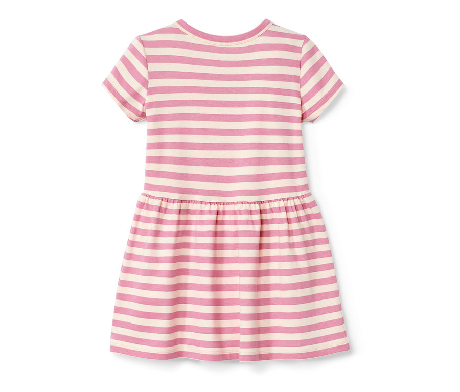 Rückansicht eines Baby-Jerseykleids mit rosa-creme-farbenen Streifen.