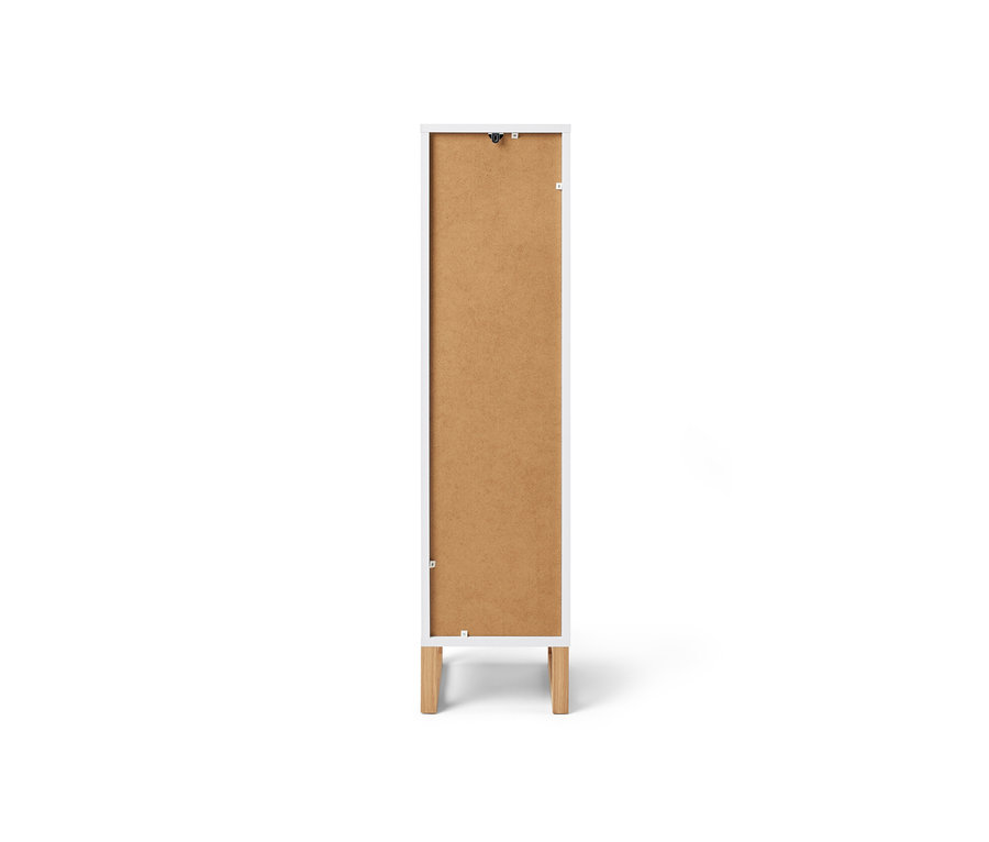 Rückansicht Bad-Beistellschrank mit Schublade und Tür, schmal.