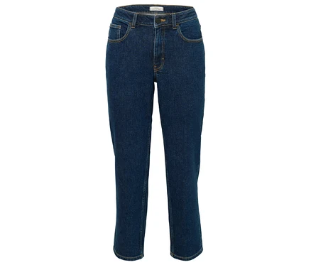 Eine blaue Jeans mit geradem Schnitt.