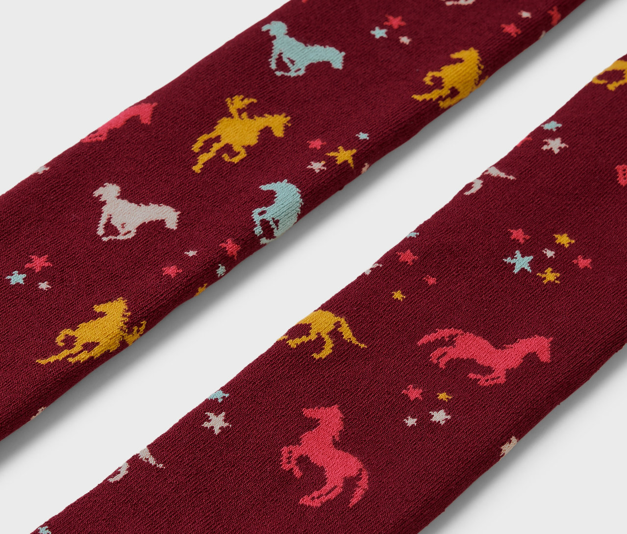 Detailansicht von zwei Kinder-Thermo-Strumpfhosen mit Pferde- und Sternenmuster.