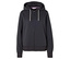 Dunkelblauer Kapuzenpullover mit Reißverschluss und weißen Kordeln.