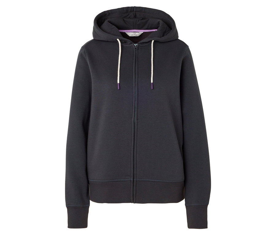 Dunkelblauer Kapuzenpullover mit Reißverschluss und weißen Kordeln.
