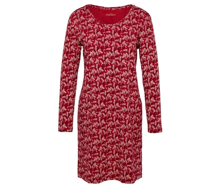 Rotes, langärmeliges Kleid mit Blumenmuster.