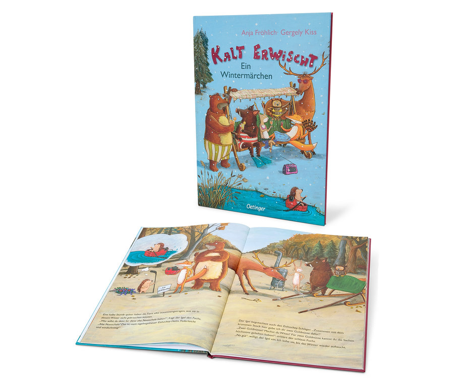 Ein aufgeschlagenes Buch mit Tierillustrationen und ein zweites Buch dahinter, beide mit dem Titel "Kalt Erwischt".