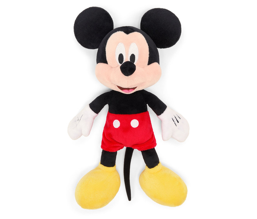 Ein Mickey Mouse Plüschtier steht auf einem weißen Hintergrund.