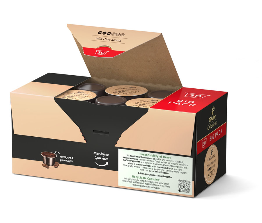 Geöffnete Packung Cafissimo Decaffeinato - entkoffeiniert mit 30 Kapseln.