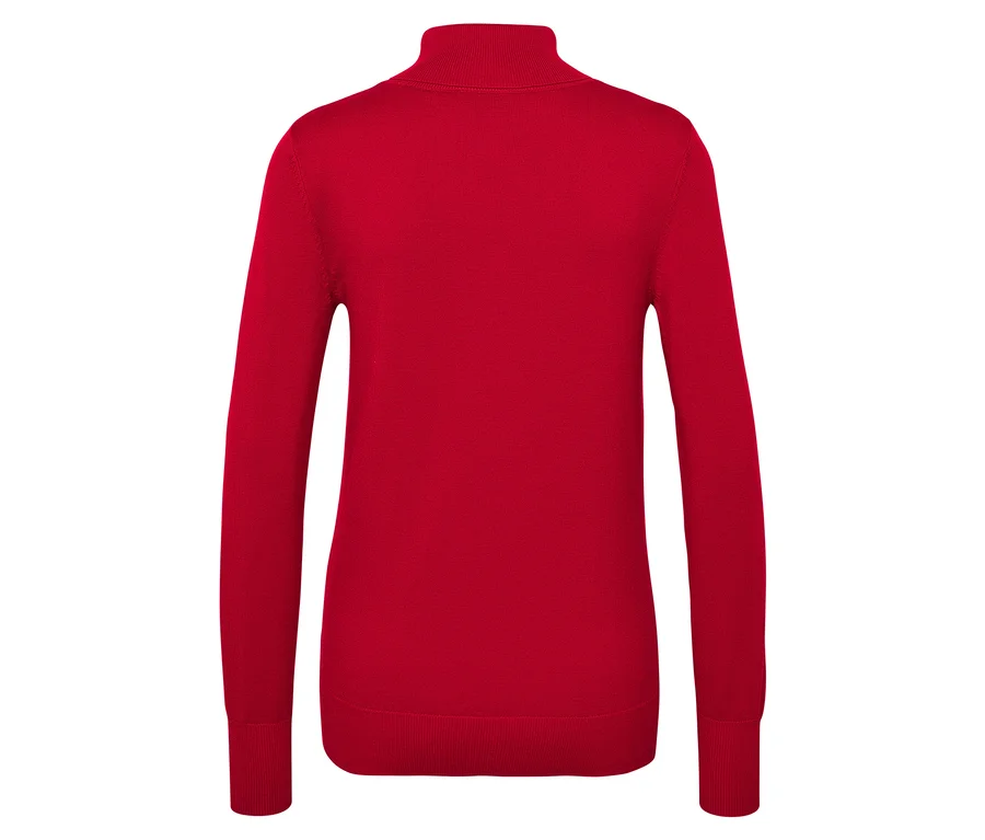 Roter Rollkragenpullover mit langen Ärmeln.