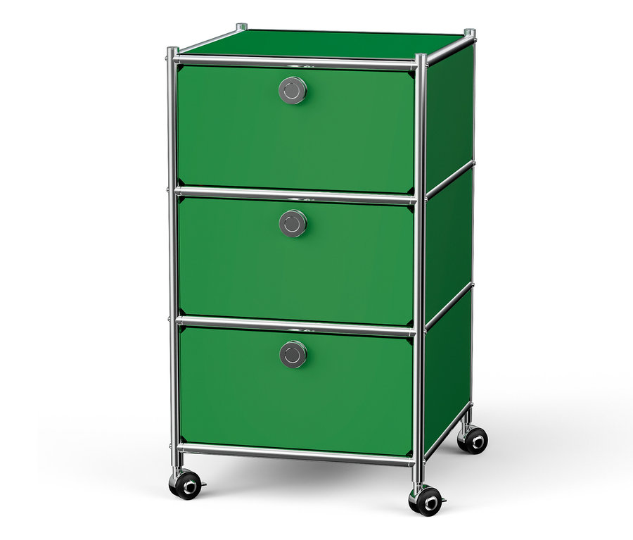 Grüner Schubladenschrank mit drei Schubladen und silbernem Rahmen auf Rädern.