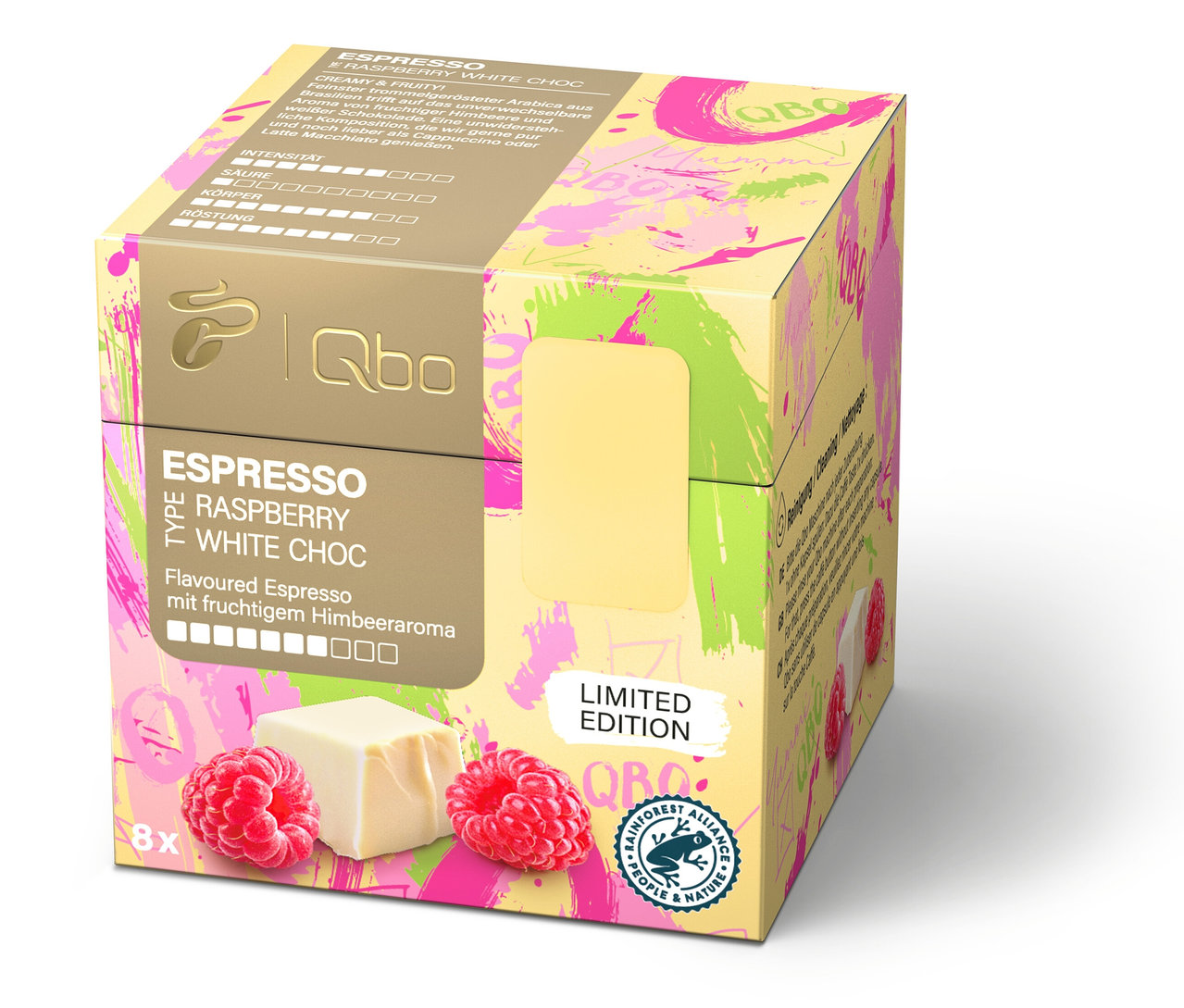 Eine Packung ISCC RA Qbo Flav.Sel.Sommer2025 24cupx50 mit Himbeeren und weißer Schokolade.