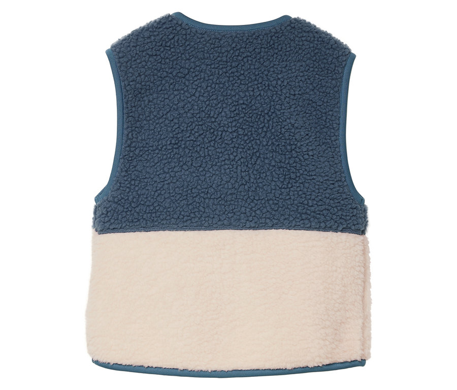 Zweifarbige Fleeceweste mit blauem Oberteil und cremefarbenem Unterteil.