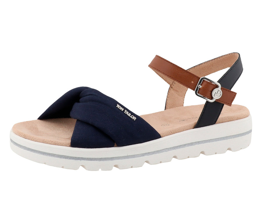 Eine einzelne Tom Tailor Sandale mit blauem Stoffband und braunem Knöchelriemen steht auf einem weißen Hintergrund.