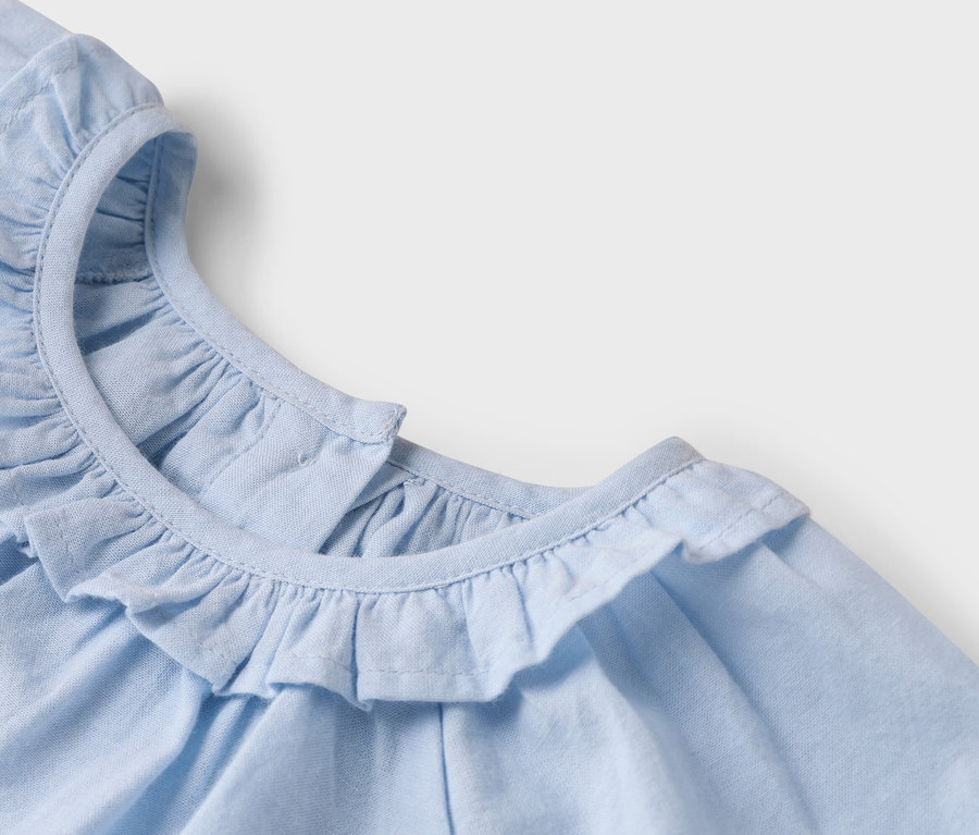 Detailansicht eines hellblauen Stoffoberteils mit Rüschenkragen.