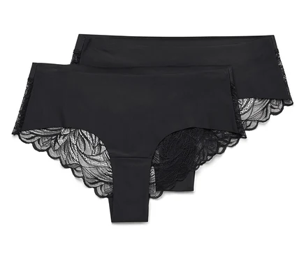 Zwei schwarze Unterhosen mit Spitzenbesatz liegen übereinander.