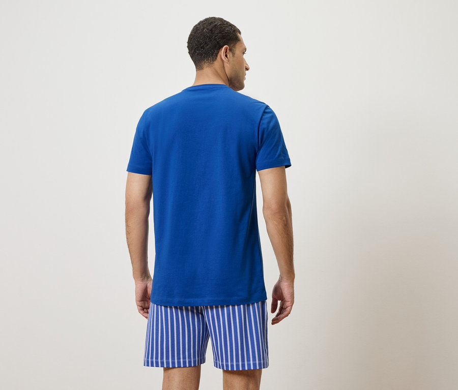 Mann von hinten, trägt blaues T-Shirt und gestreifte Shorts.