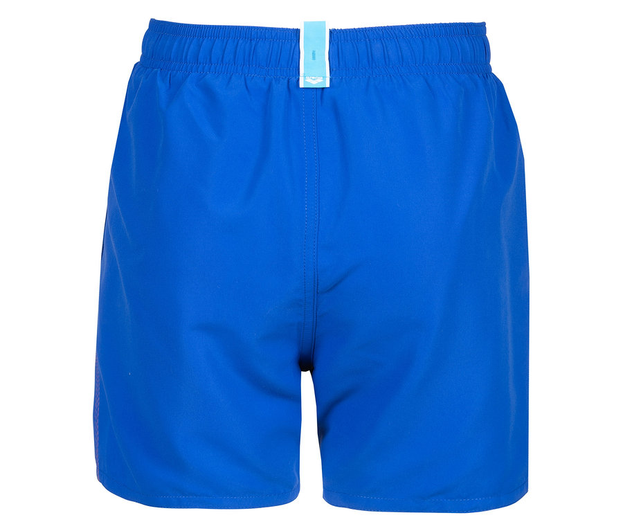 Rückansicht einer blauen Badehose mit elastischem Bund.