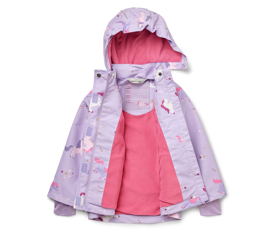 Geöffnete lila Kinderjacke mit Einhornmuster und rosa Futter.