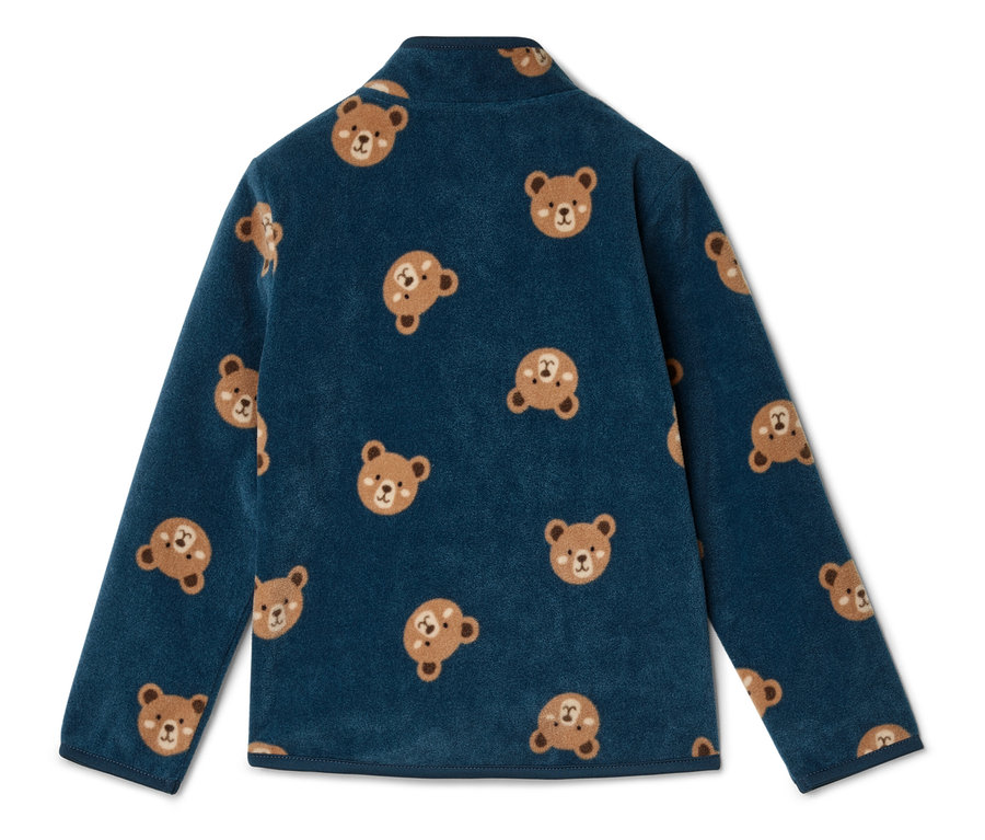 Dunkelblaues Fleece-Oberteil mit Reißverschluss und Bärenmuster.