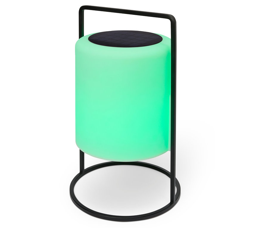 Grüne Lampe mit schwarzem Lautsprecher oben und schwarzem Metallgestell.