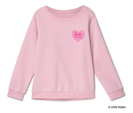 Rosa Sweatshirt mit Barbie-Logo in Herzform.