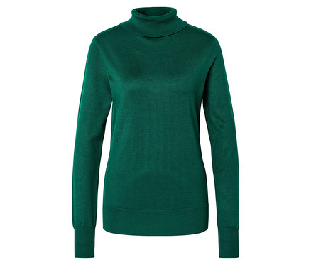 Grüner Rollkragenpullover mit langen Ärmeln, auf weißem Hintergrund liegend.