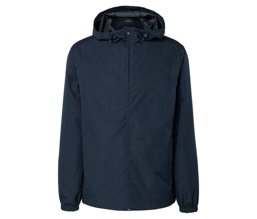 Eine marineblaue Jacke mit Kapuze ist vor einem weißen Hintergrund zu sehen.