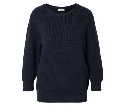 Dunkelblauer, langärmliger Strickpullover mit Rundhalsausschnitt.