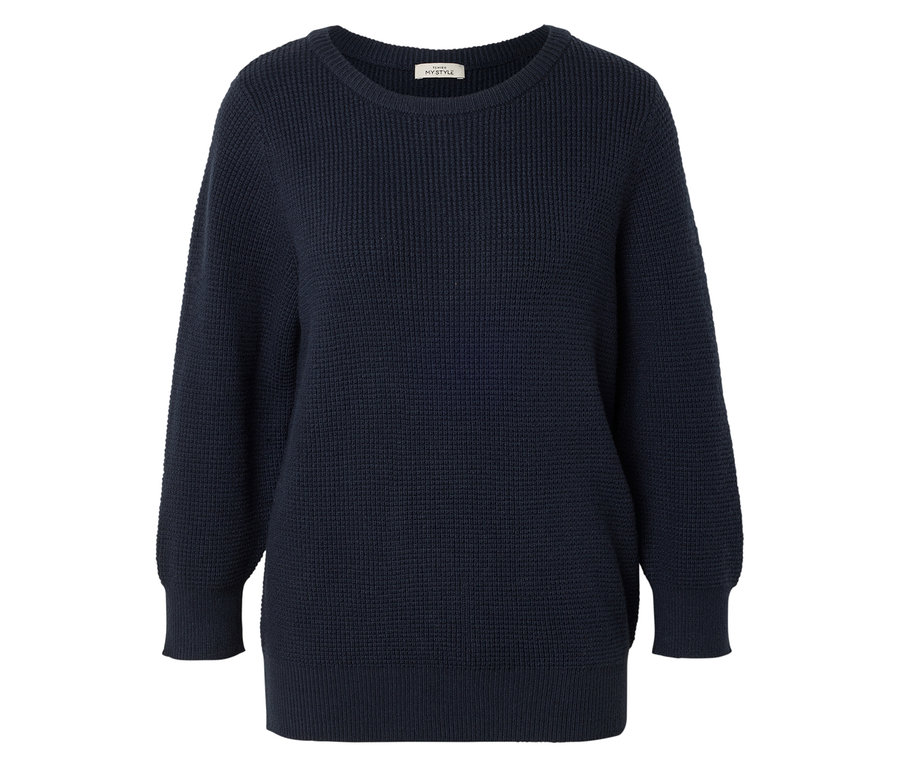 Dunkelblauer, langärmliger Strickpullover mit Rundhalsausschnitt.