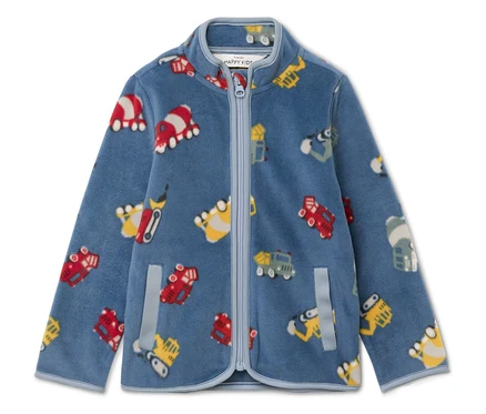 Blaue Fleecejacke mit Reissverschluss und bunten Fahrzeugmotiven.