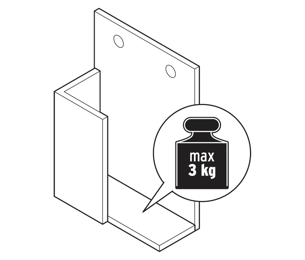 Illustration eines Regalträgers aus dem 3er-Regal-Set aus Massivholz mit einer Gewichtsangabe von maximal 3 kg.