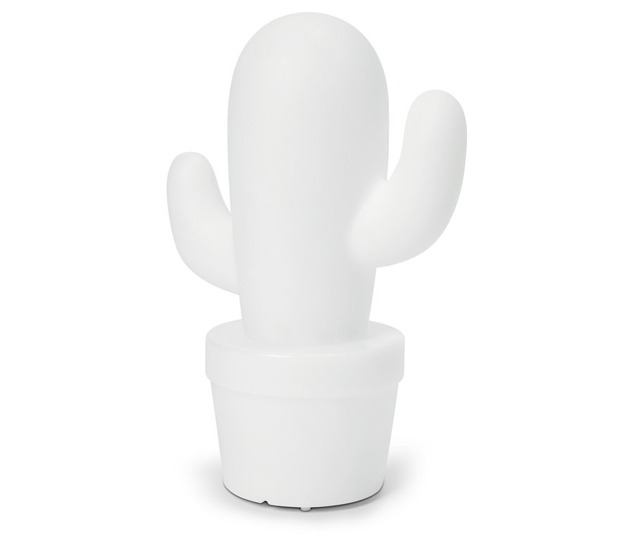 Eine weiße Kaktuslampe in einem Topf auf einem weißen Hintergrund.