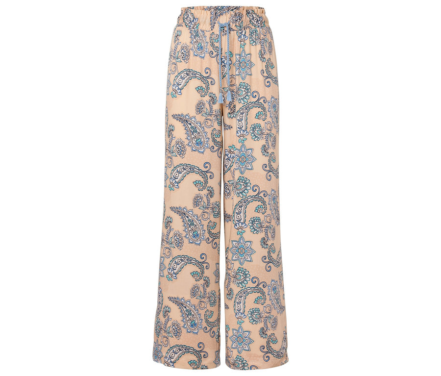 Beige, weite Hose mit blauem Paisley-Muster.