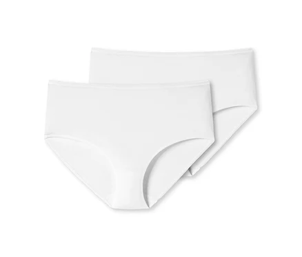 Zwei weiße Damen-Slips, einer überlappt den anderen, auf weißem Hintergrund.
