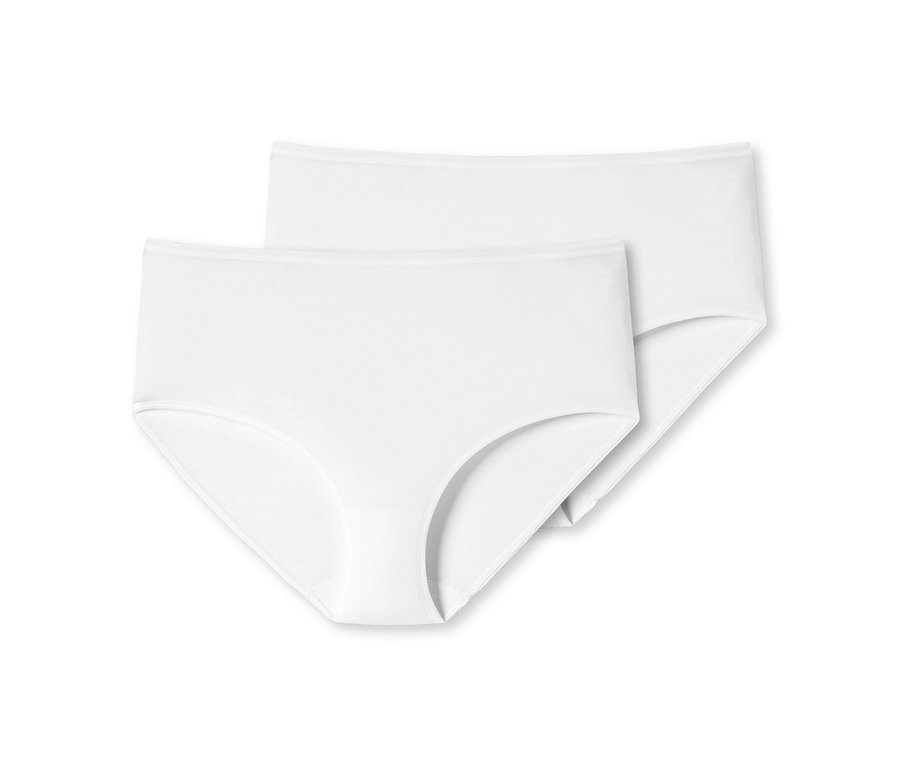 Zwei weiße Damen-Slips, einer überlappt den anderen, auf weißem Hintergrund.