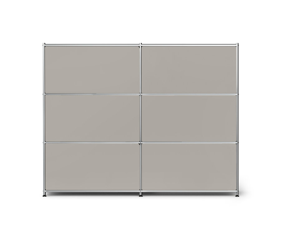 Ein rechteckiges, modulares Aufbewahrungssystem mit sechs hellgrauen Fächern und silbernem Rahmen.