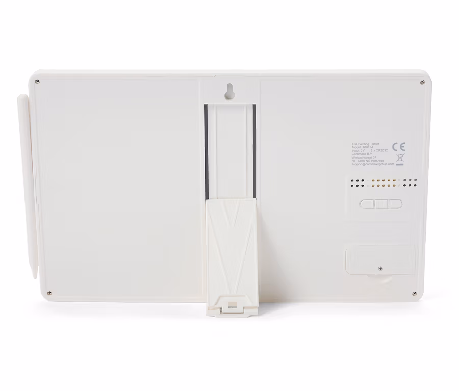 Weißes LCD-Schreibtablett von hinten mit ausklappbarem Ständer, seitlichem Stift, Wandhalterung und Beschriftungen.