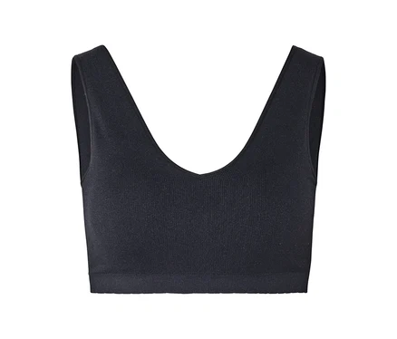 Schwarzes, geripptes Bustier mit V-Ausschnitt und breiten Trägern.