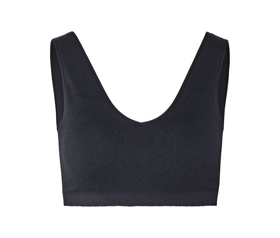 Schwarzes, geripptes Bustier mit V-Ausschnitt und breiten Trägern.