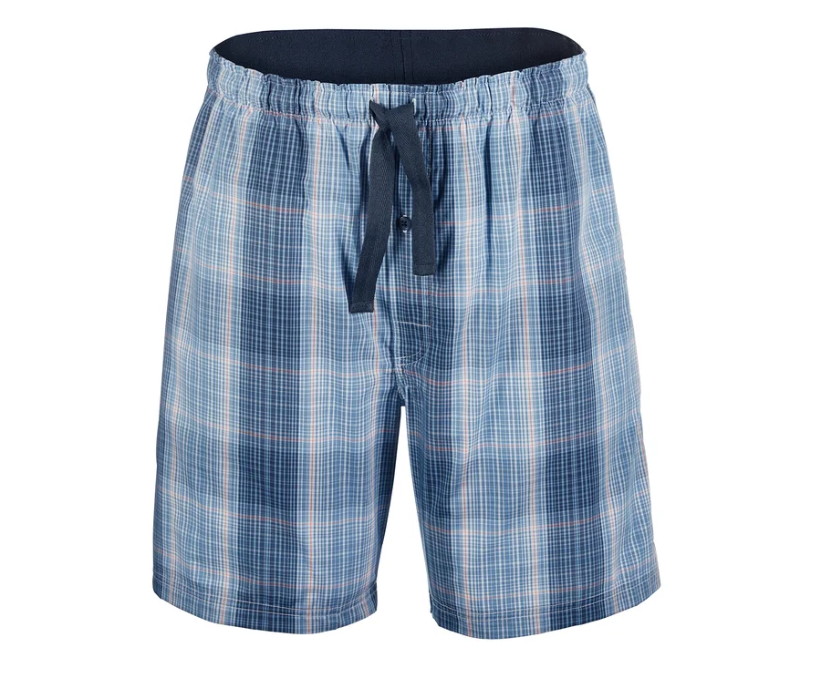 Blaue karierte Schlafshorts.