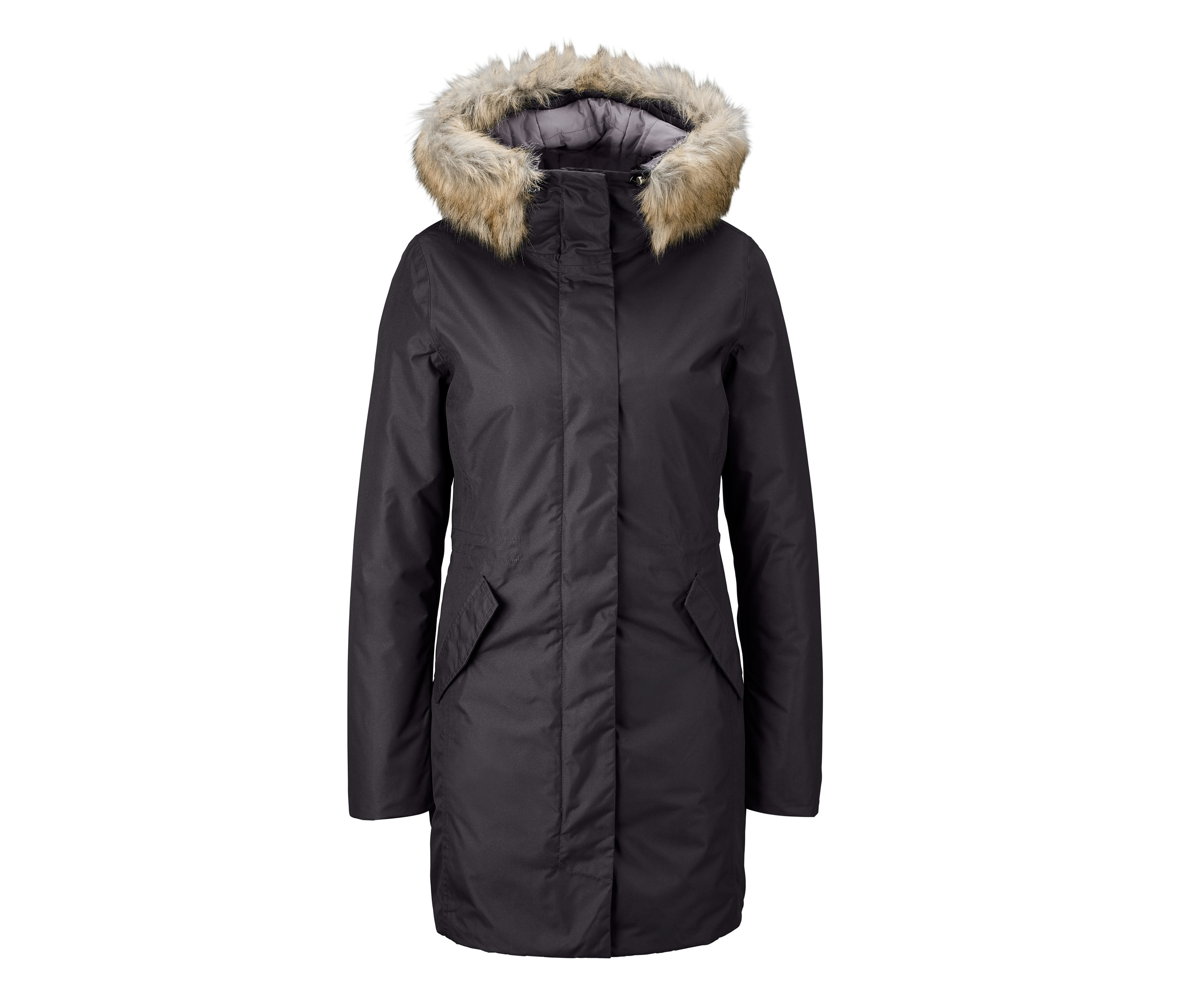 Schwarzer Thermomantel mit Kapuze und Fellrand.